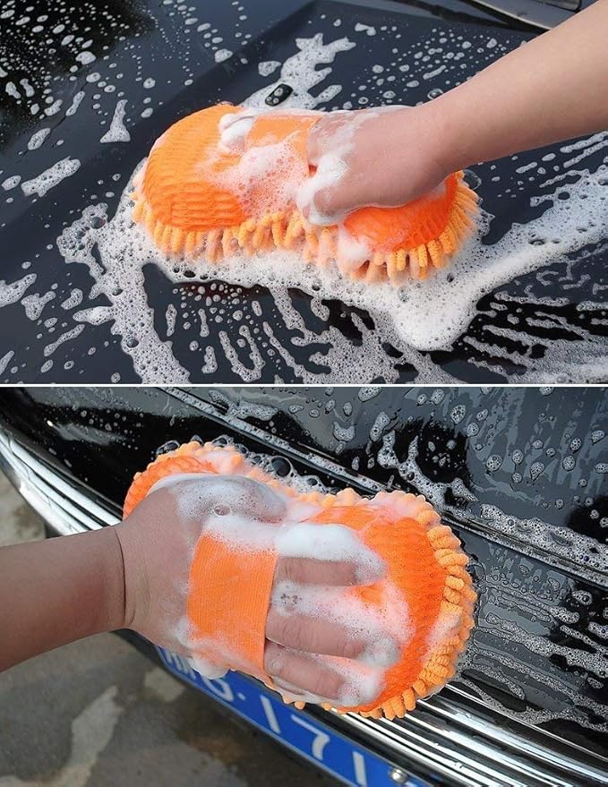 GroomBuddy Microfiber Car Wash Sponge | High-Density Chenille Cleaning Mitt with Strap | Scratch-Free, Reusable & Absorbent for Car, Bike & Home