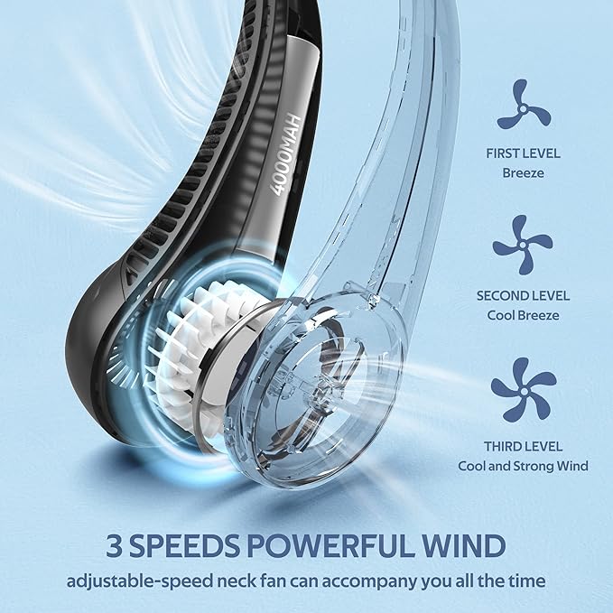 NovaHaven Portable Neck Fan Rechargeable Smart Cooling With 3 Speed USB Charging Low Noise Mini Fans For Kitchen Travel Outdoor & Office